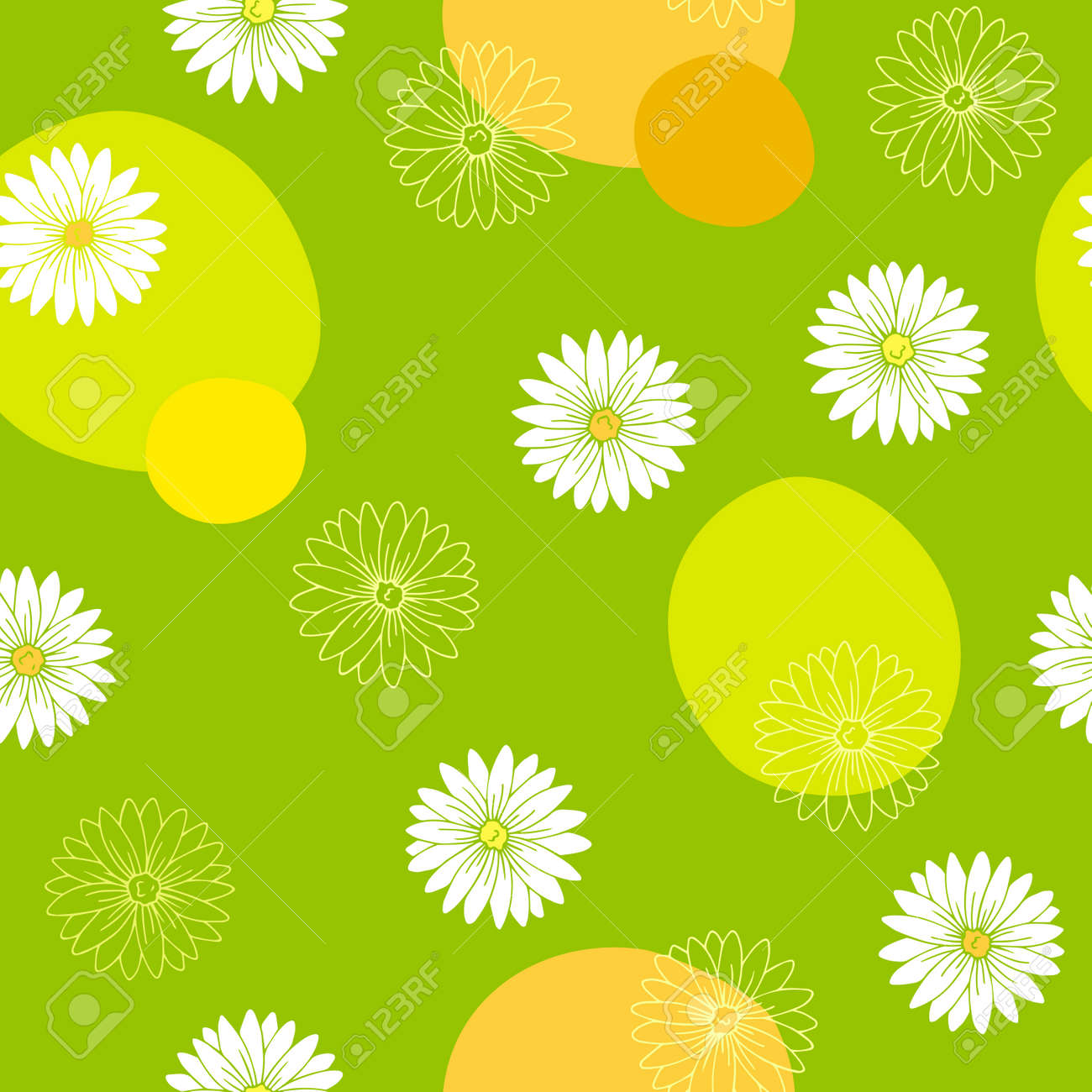 カモミール花のシームレスなパターン グラフィック アート グリーン イエロー ホワイト カラー イラストのイラスト素材 ベクタ Image