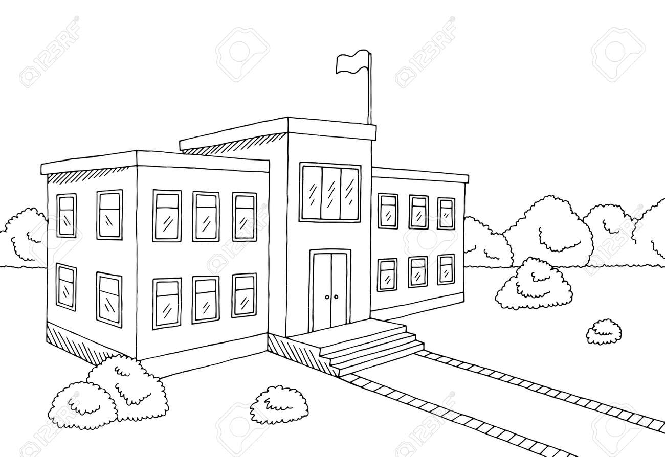 School Building Graphic Black White Sketch Illustration Vector