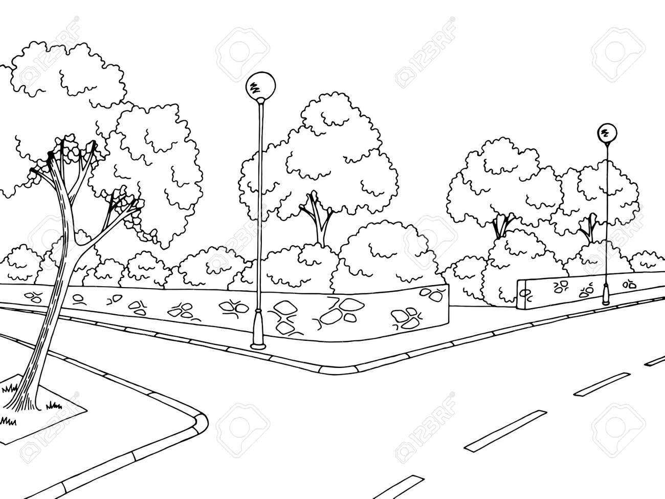 ストリート道路グラフィックの黒と白の都市風景スケッチ イラストのイラスト素材 ベクタ Image