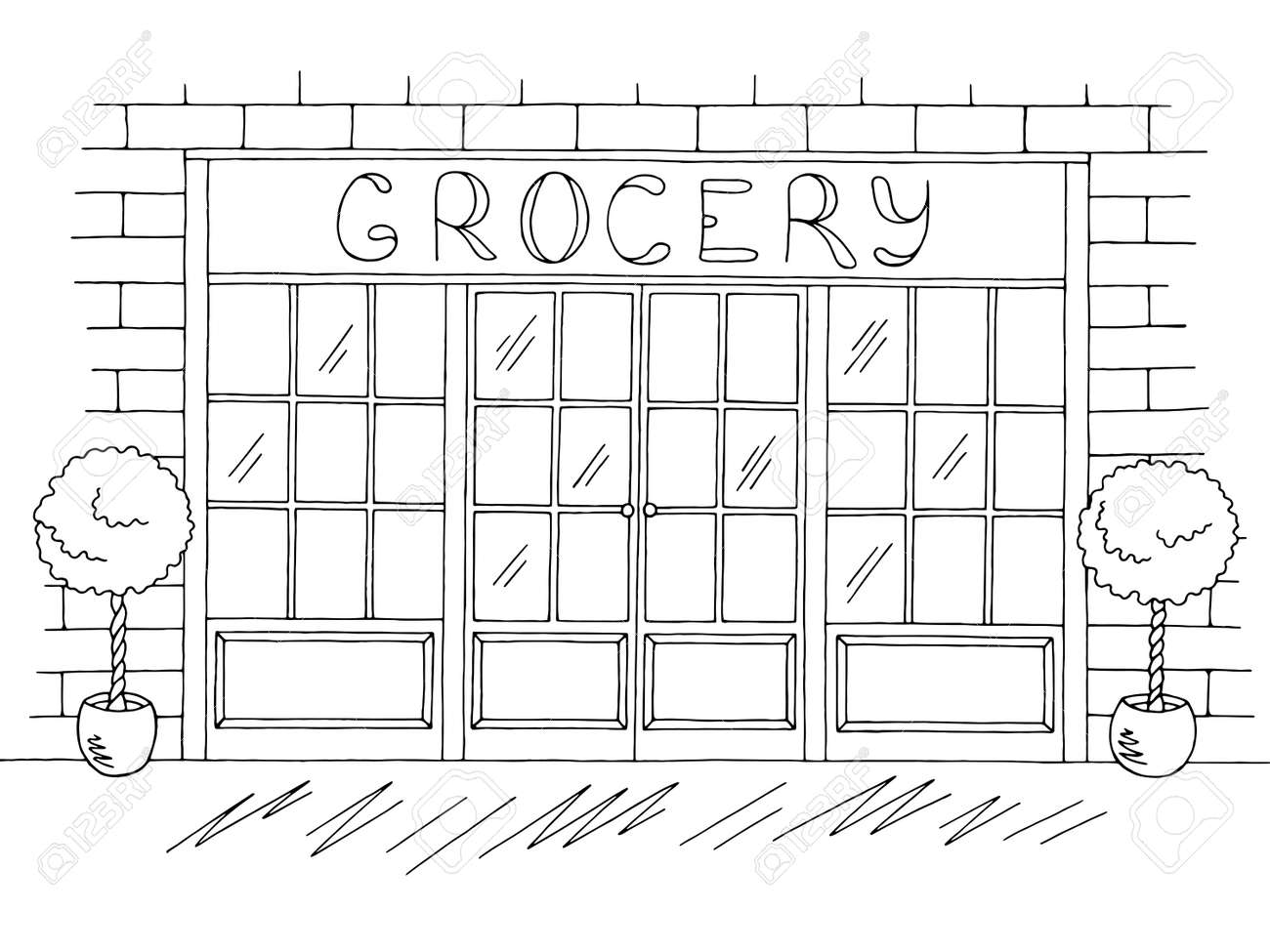 Grocery Store Shop Exterior Graphic Black White Sketch, Vector  Illustration. Royalty Free SVG, Cliparts, Vectors, and Stock Illustration.  Image 88607746.