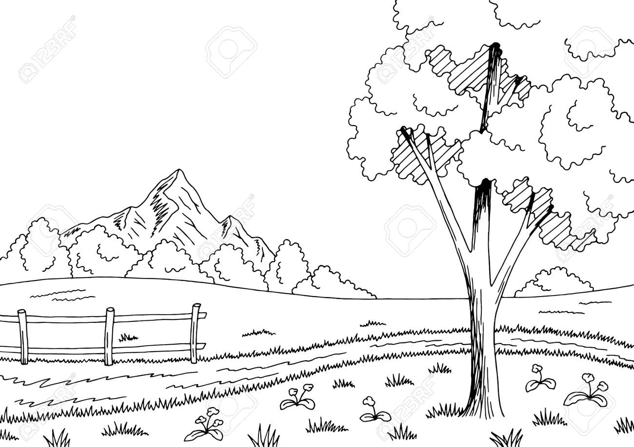 田舎道グラフィック黒白い風景スケッチ イラストのイラスト素材 ベクタ Image