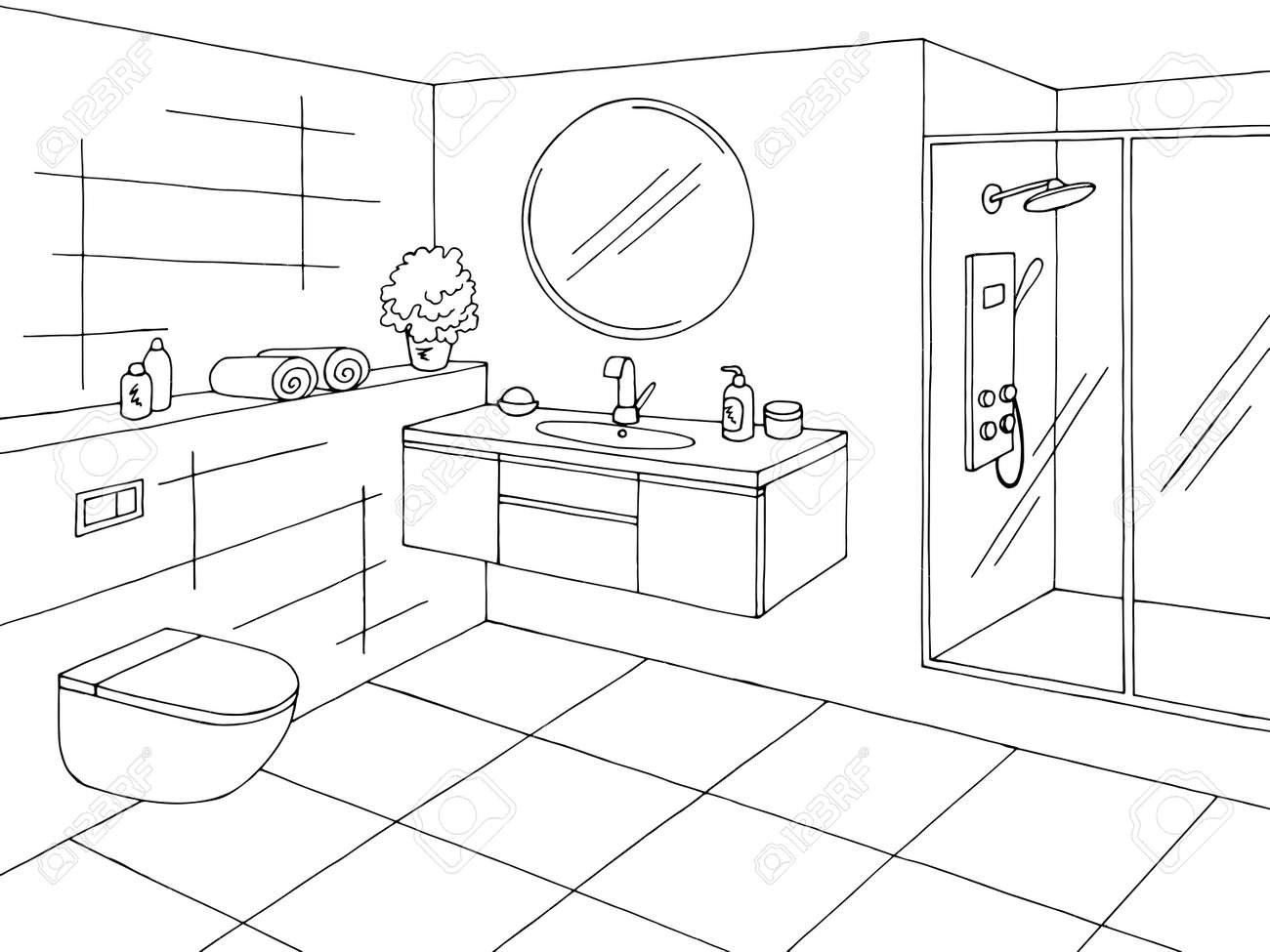 Bathroom Graphic Home Interior Black White Sketch Illustration Vector  Royalty Free SVG, Cliparts, Vectors, and Stock Illustration. Image  140617906., image size:1300x975