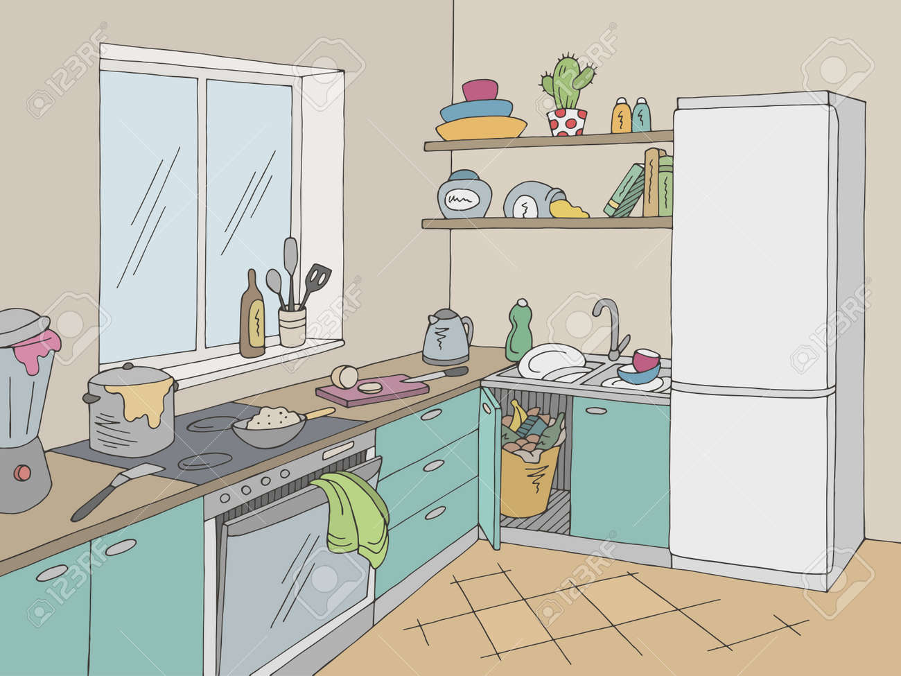 Kitchen Mess Room Graphic Color Home Interior Sketch Illustration Vector  Royalty Free SVG, Cliparts, Vectors, and Stock Illustration. Image  155410349., image size:1300x975