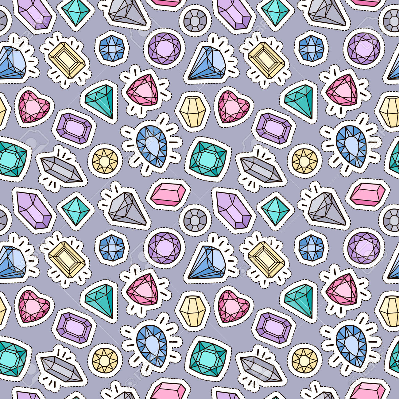 パッチバッジとかわいいファッションシームレスなパターン 異なる色の宝石やダイヤモンド ベクトルトレンディなイラスト のイラスト素材 ベクタ Image