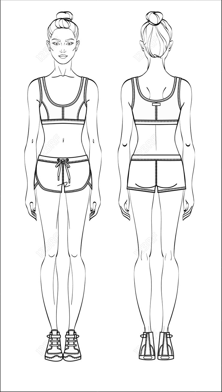 Figura Femenina En Ropa Deportiva: Delantera Y Trasera. De Vector De Deporte Atuendo Joven. Ilustraciones Svg, Clip Art Vectorizado De Derechos. Image 97223913.