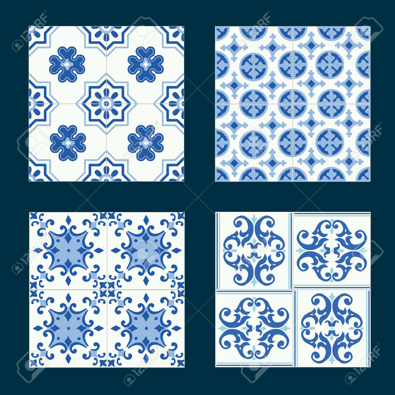 set of vintage ceramic tiles in tile design with blue patterns