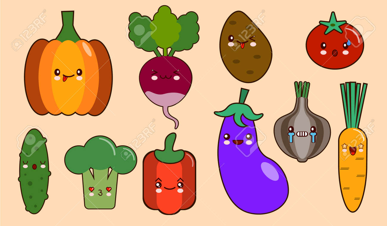 野菜スマイリー顔可愛い文字のセットです ピーマン トマト ニンニク タマネギ 唐辛子 ジャガイモ キュウリ フラット デザイン ベクトル イラスト の イラスト素材 ベクタ Image