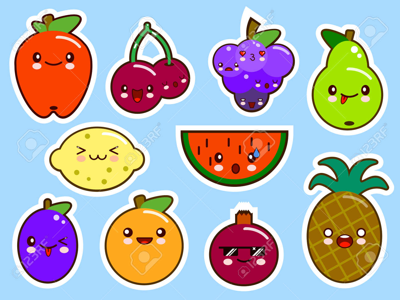 Set Of Fruits Smiley Face Kawaii Flat Design Illustration Stock Photo Picture And Royalty Free Image Image 3462