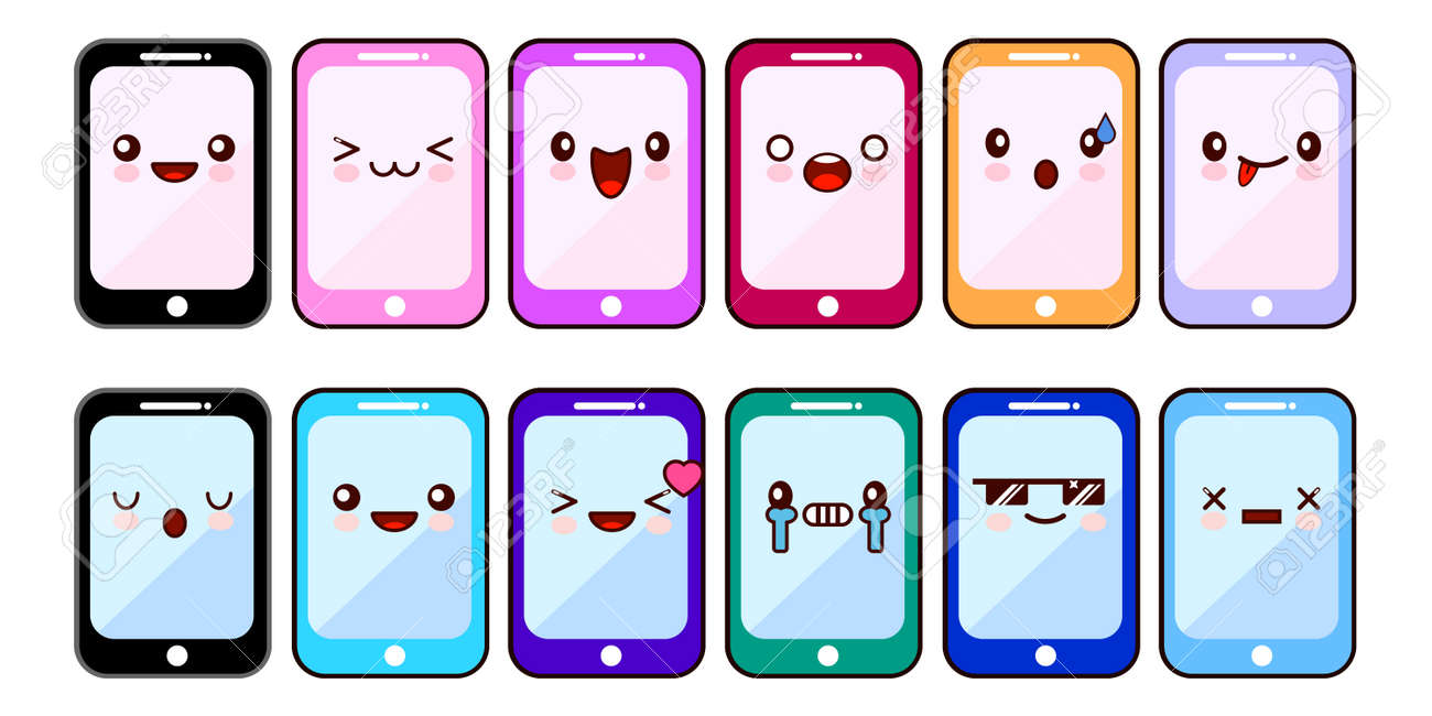 スマート フォン漫画の文字の変な顔 かわいい陽気な携帯電話のセットです オンライン アプリ フラット デザイン イラスト の写真素材 画像素材 Image 12