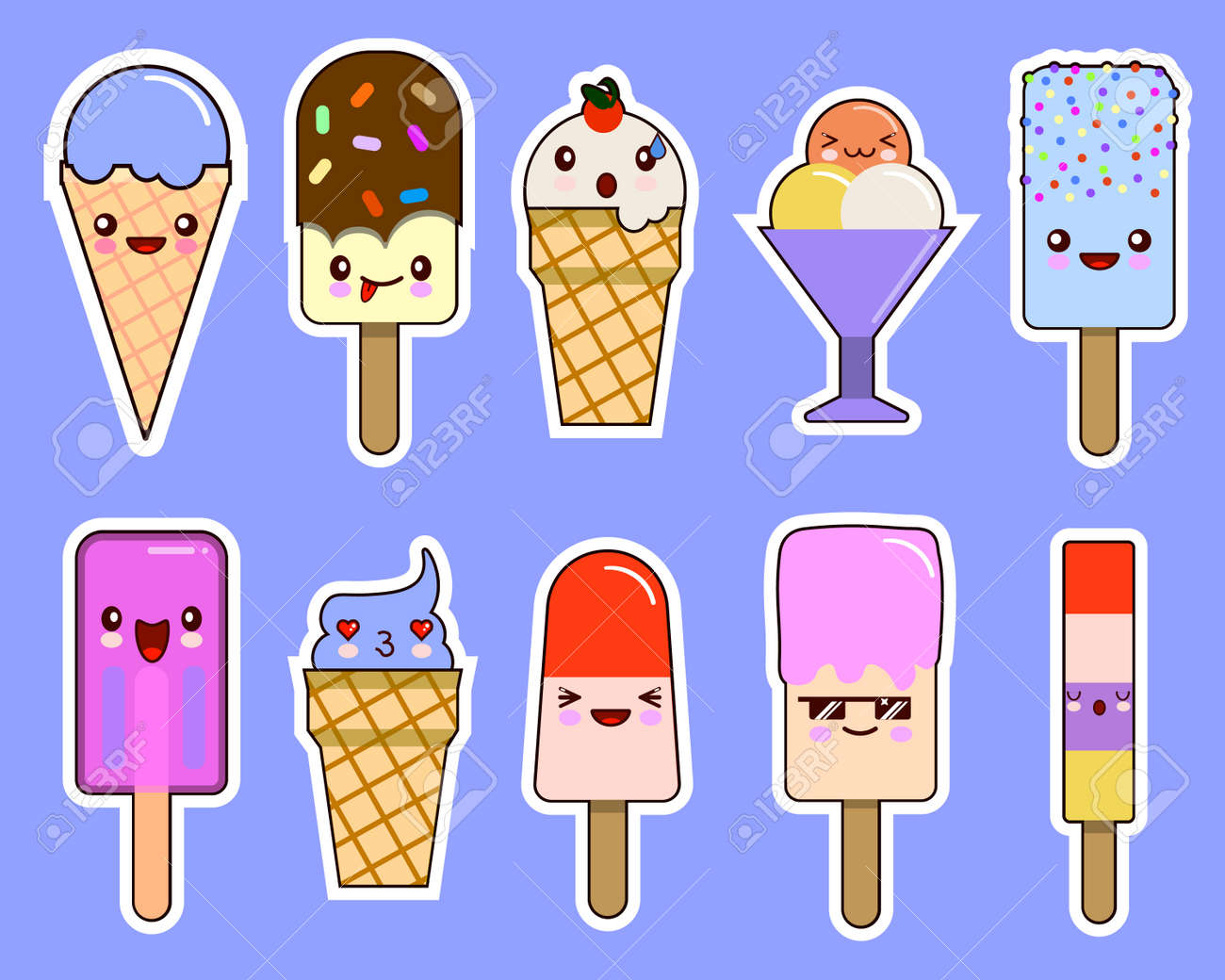 kawaii ice cream emoticons set cute cartoon characters isolated