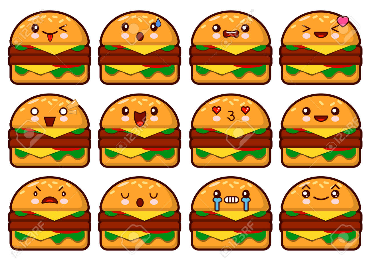 Emoticon Hamburger Kawaii Face On A White Background. C Emoticon  Illustration.Fast Food Burger. Stock Photo, Picture and Royalty Free Image.  Image 91861944., image size:1300x918