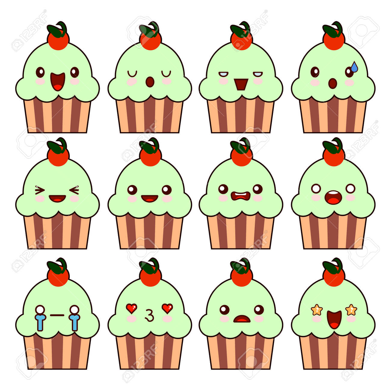 カップケーキ可愛いキャラクター漫画かわいい顔 ハッピースマホ漫画キャラクター フラットデザインイラスト の写真素材 画像素材 Image