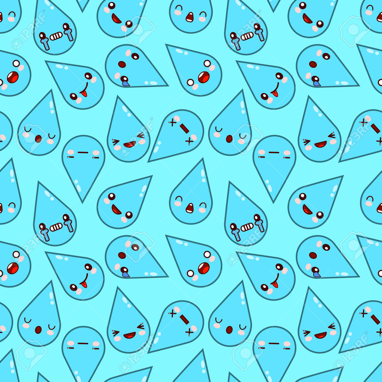 可愛い青い水の笑顔がフラットなデザインとイラストのシームレスなパターンを落とします の写真素材 画像素材 Image