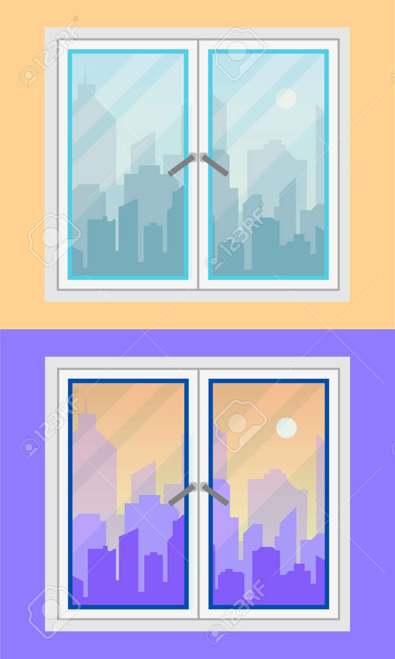 朝と夕方の街の景色を望む窓 のイラスト素材 ベクタ Image