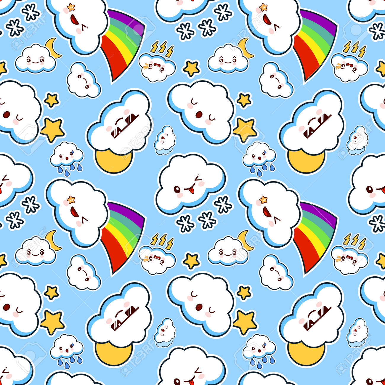 vector seamless pattern with clouds cute kawaii character in cute designs for background