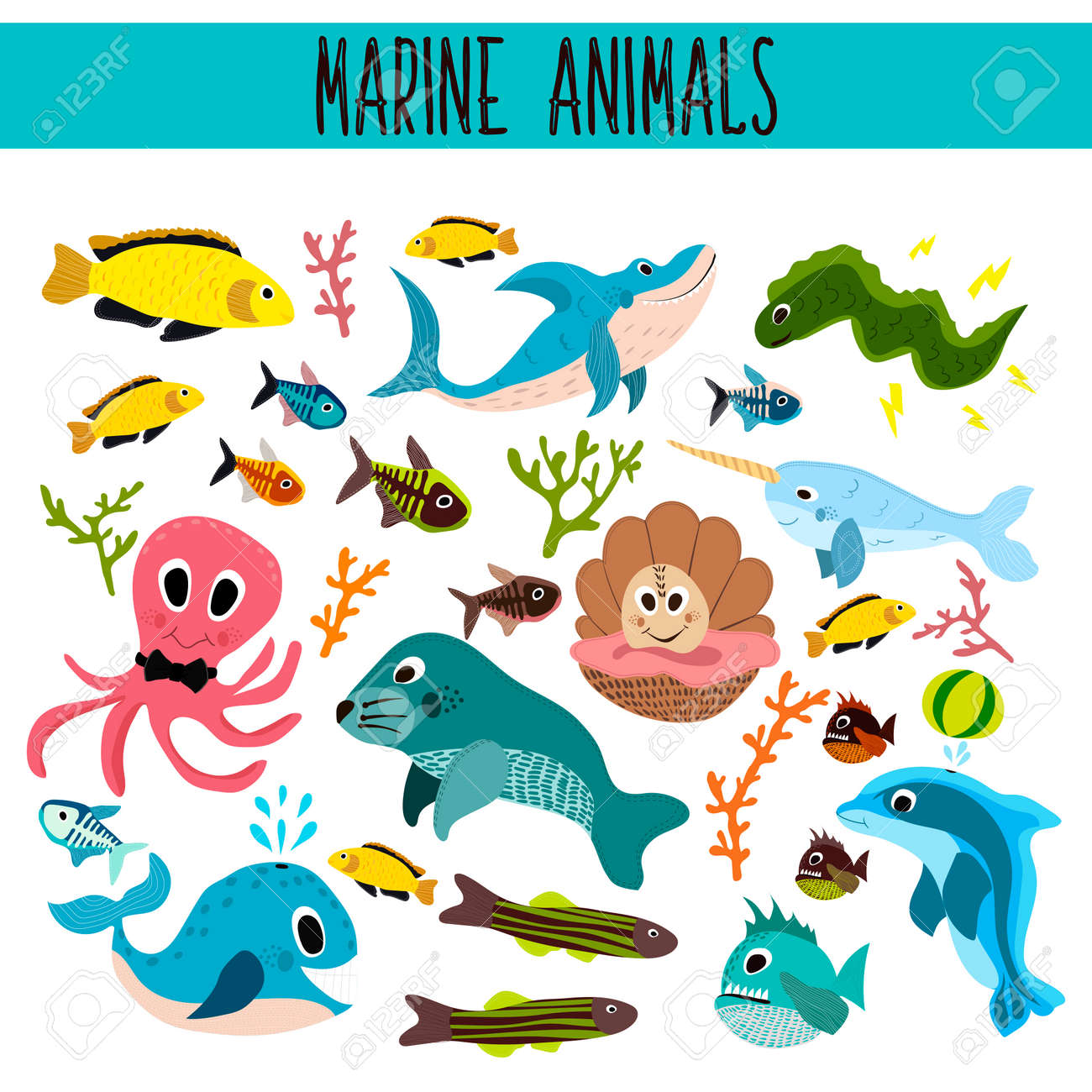 漫画の設定のかわいい海の動物と海と海の海域で水中生活します サメ 魚 ピラニア タコ マナティー クジラ イルカ イッカク サンゴ 藻類ベクトル図 の イラスト素材 ベクタ Image 4021