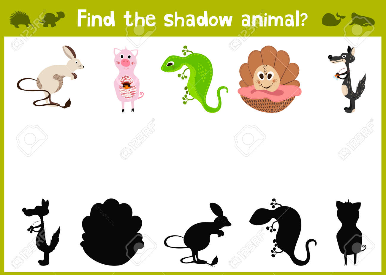 漫画イラストの教育影マッチング ゲーム就学前の子供の 5 つの異なる動物の日陰を見つけます のイラスト素材 ベクタ Image