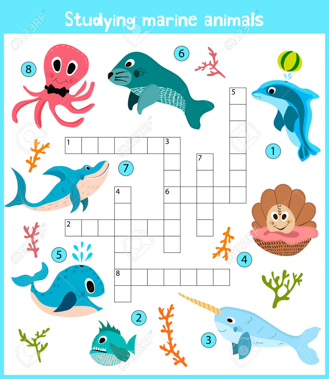 Le Mots Croises De Bande Dessinee De A Colore Enfants Jeu Educatif Pour Les Enfants Sur Le Theme Des Animaux De La Mer Et Les Poissons Vivant Dans Les Mers Et Les