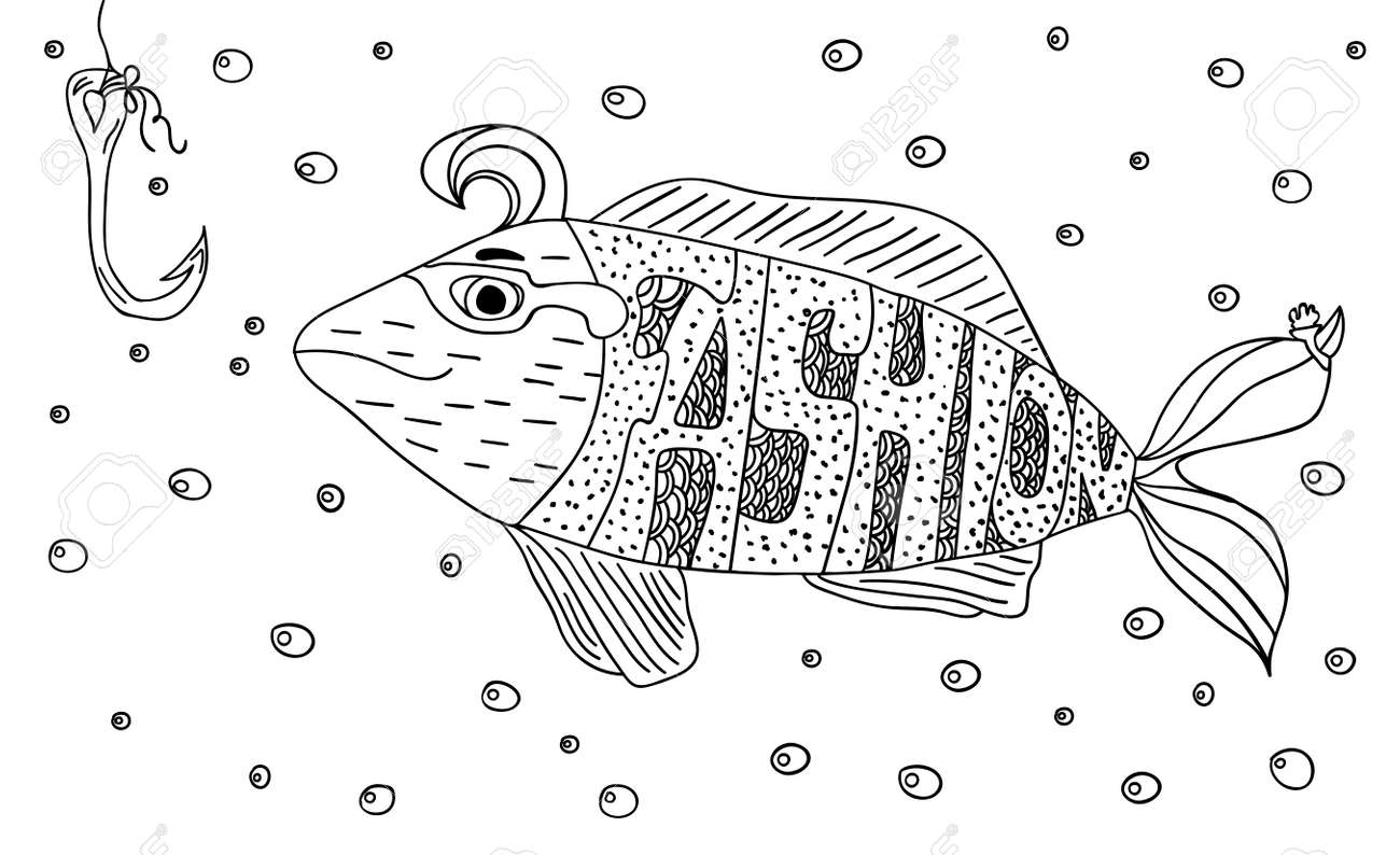 Black And White Ornament Fashion Fish Hook In The Sea With Bubbles Design Decorative Lace Page Coloring Books For Adults Hand Drawn Ink Drawing Vector Illustration Royalty Free Cliparts Vectors And Stock