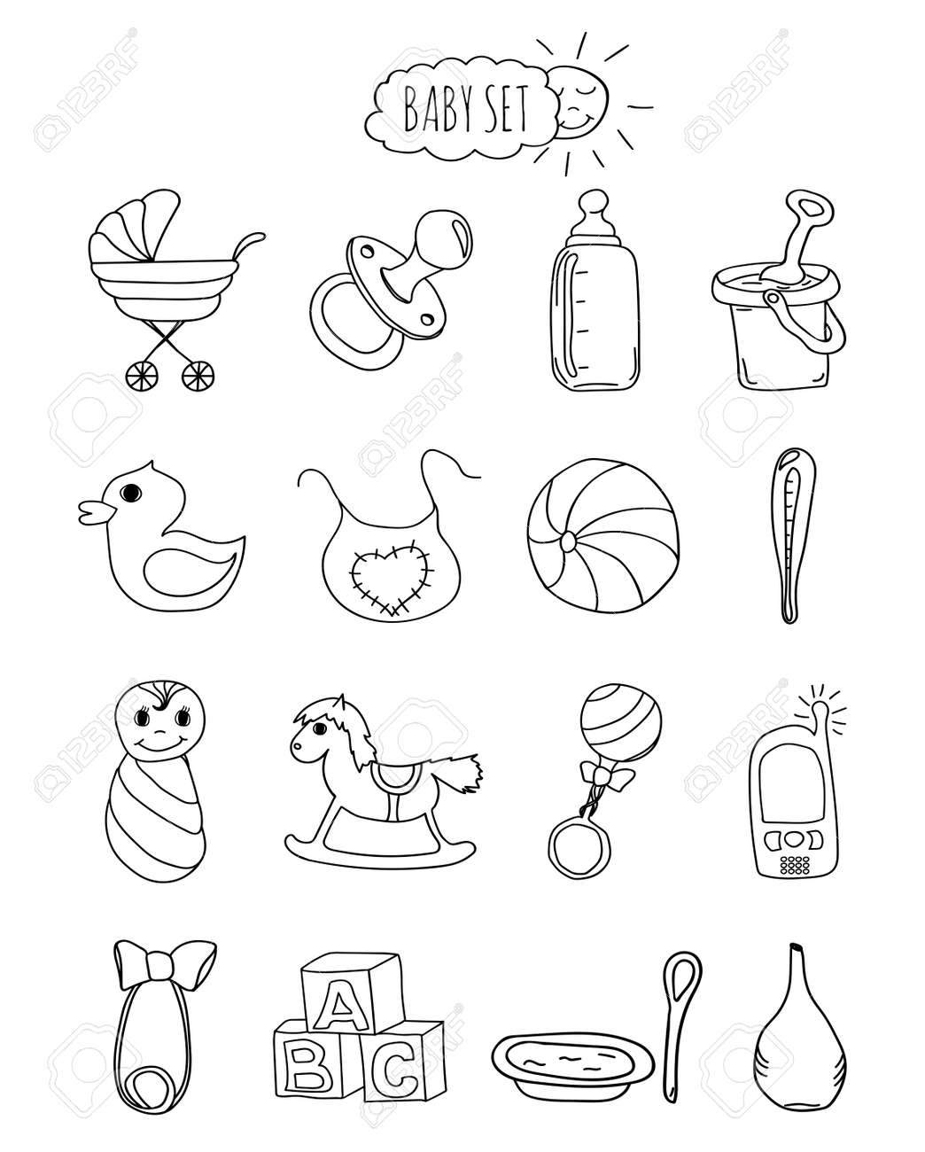 アイコンおよび要素のファミリー向けホテル 幼児の身の回り品 アクセサリーやおもちゃの手描きの要素 白い背景で隔離のいたずら書きを設定します ベクトル図の イラスト素材 ベクタ Image