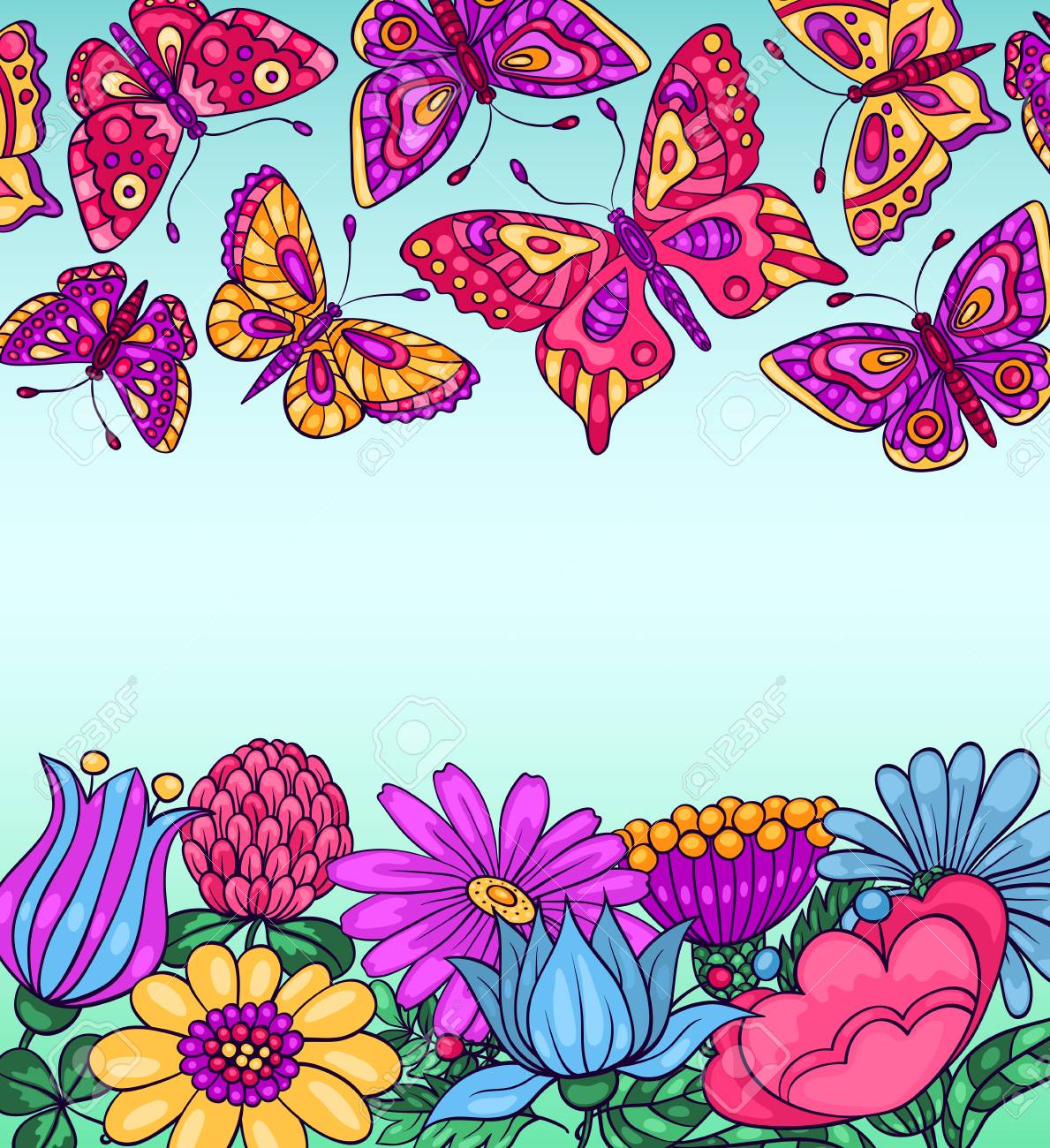 Tarjeta Con Las Mariposas Y Las Flores. Ilustración Vectorial De Dibujos  Animados. Para Su Texto. Ilustraciones Svg, Vectoriales, Clip Art  Vectorizado Libre De Derechos. Image 34203480.