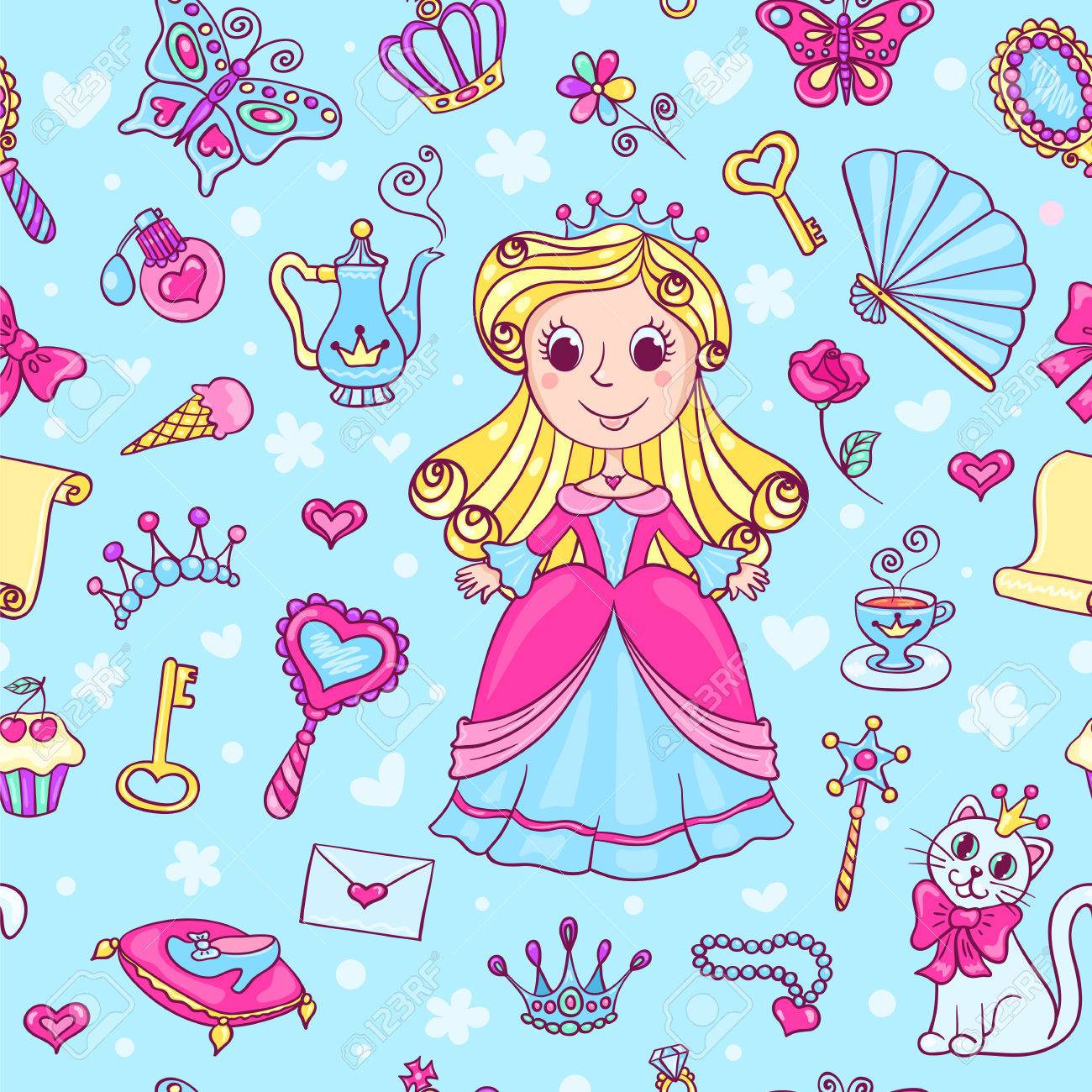 かわいいピンクのドレスでプリンセスとのシームレスなパターン 漫画のベクトルの背景 のイラスト素材 ベクタ Image