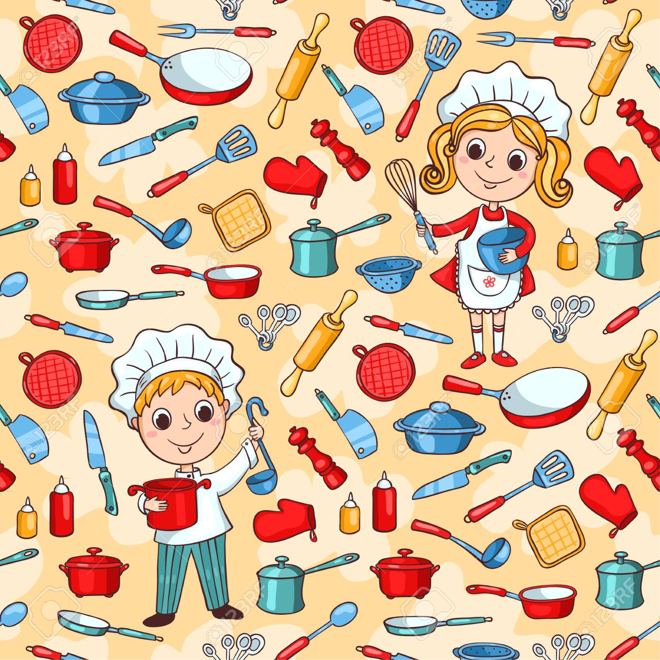 漫画キッチン調理器具と 2 つのかわいいコックのシームレス パターン のイラスト素材 ベクタ Image 漫画キッチン調理器具と 2 つのかわいいコックのシームレス パターン のイラスト素材 ベクタ Image