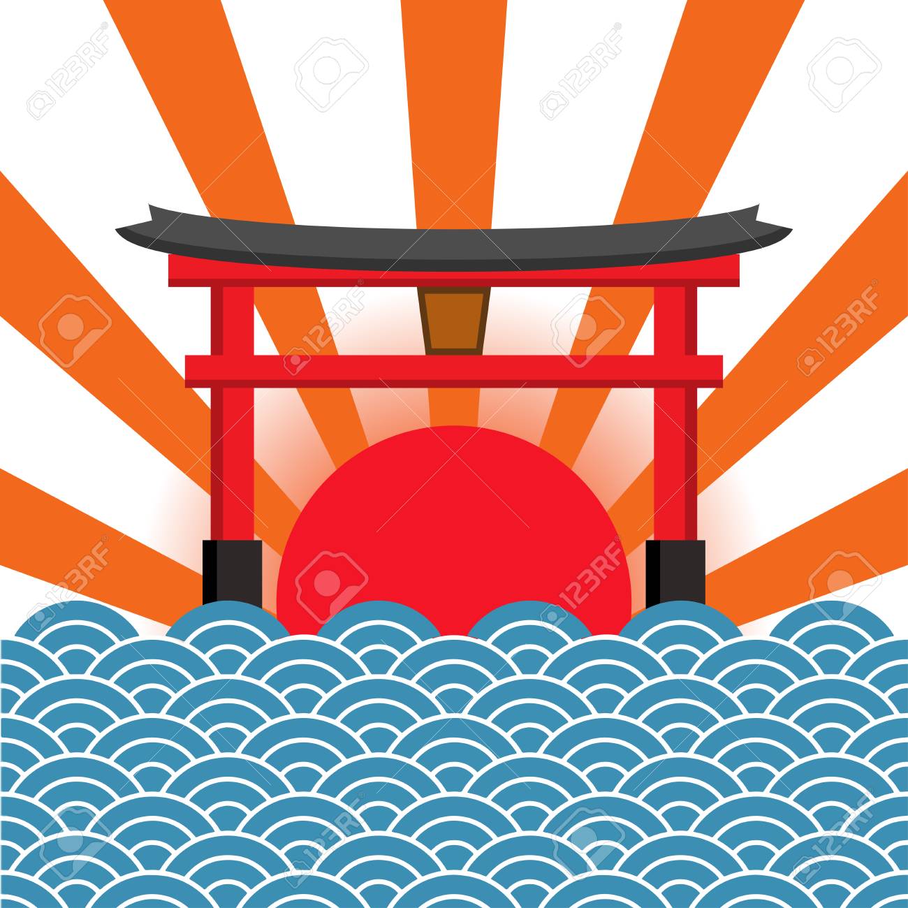 赤い太陽と青い海の宮島 有名なフローティング鳥居 日本旅行 ベクトルイラストのイラスト素材 ベクタ Image