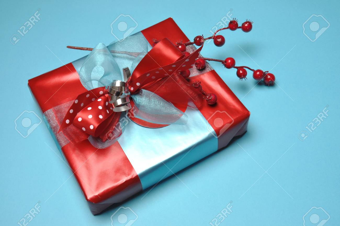 Bright Color Festive Present Gift Box In Blue And Red Theme Stock Photo,  Picture And Royalty Free Image. Image 17759324.