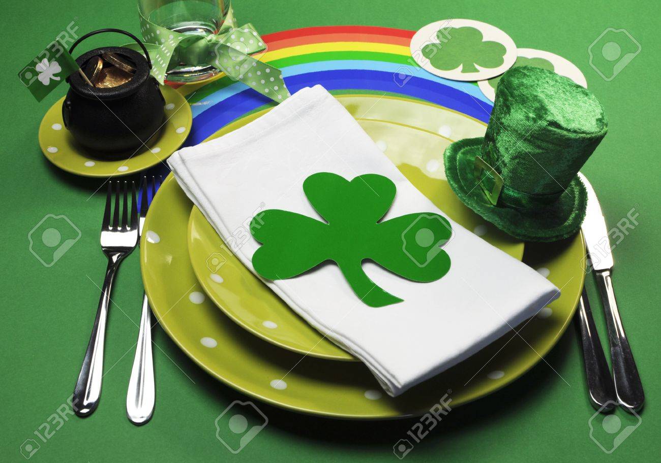 St Patricks Day Party Table Dinner Setting With Rainbow Leprechaun Hat And Shamrocks Stock Photo Picture And Royalty Free Image Image 17759325
