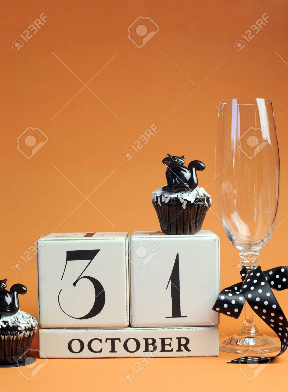 happy halloween save the date white block calendar with champagne