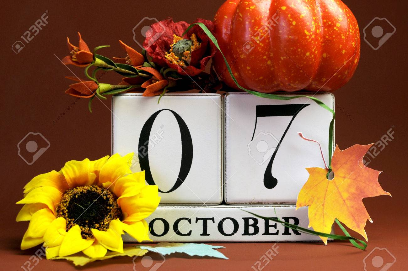 save the date white block calendar for october 7 with autumn