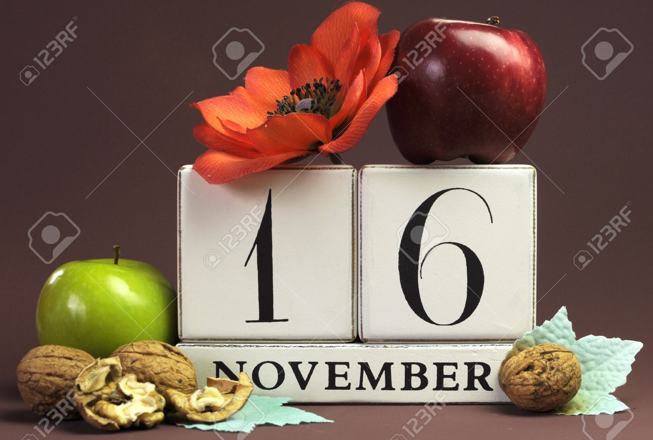 Save The Date Seasonal Individual Calendar For November 16 With Autumn Colors, Fruit And Flowers Fall Theme For Birthdays, Individual Special Occasions, Holidays And Events. Stock Photo, Picture and Royalty Free Image.
