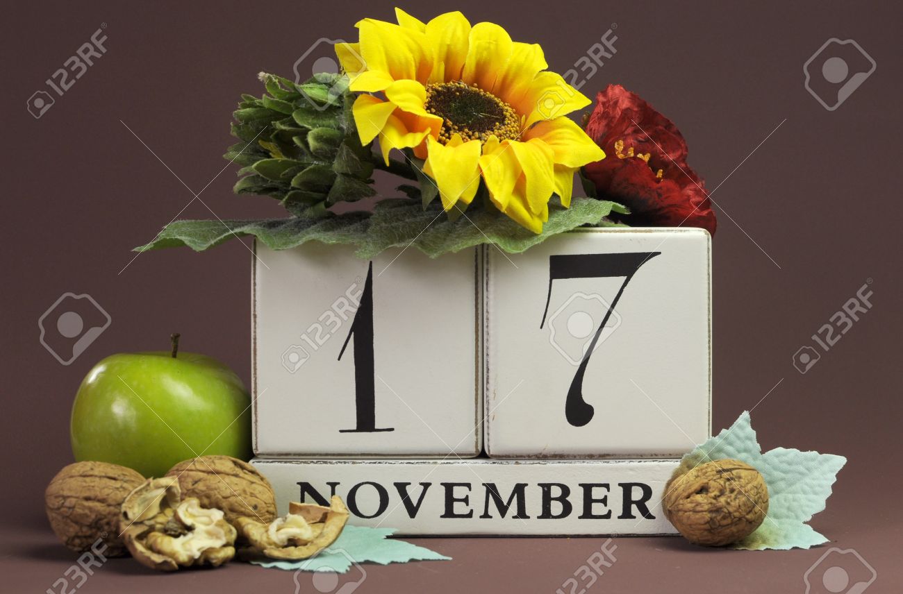 Save The Date Seasonal Individual Calendar For November 17 With Autumn Colors, Fruit And Flowers Fall Theme For Birthdays, Individual Special Occasions, Holidays And Events. Stock Photo, Picture and Royalty Free Image.