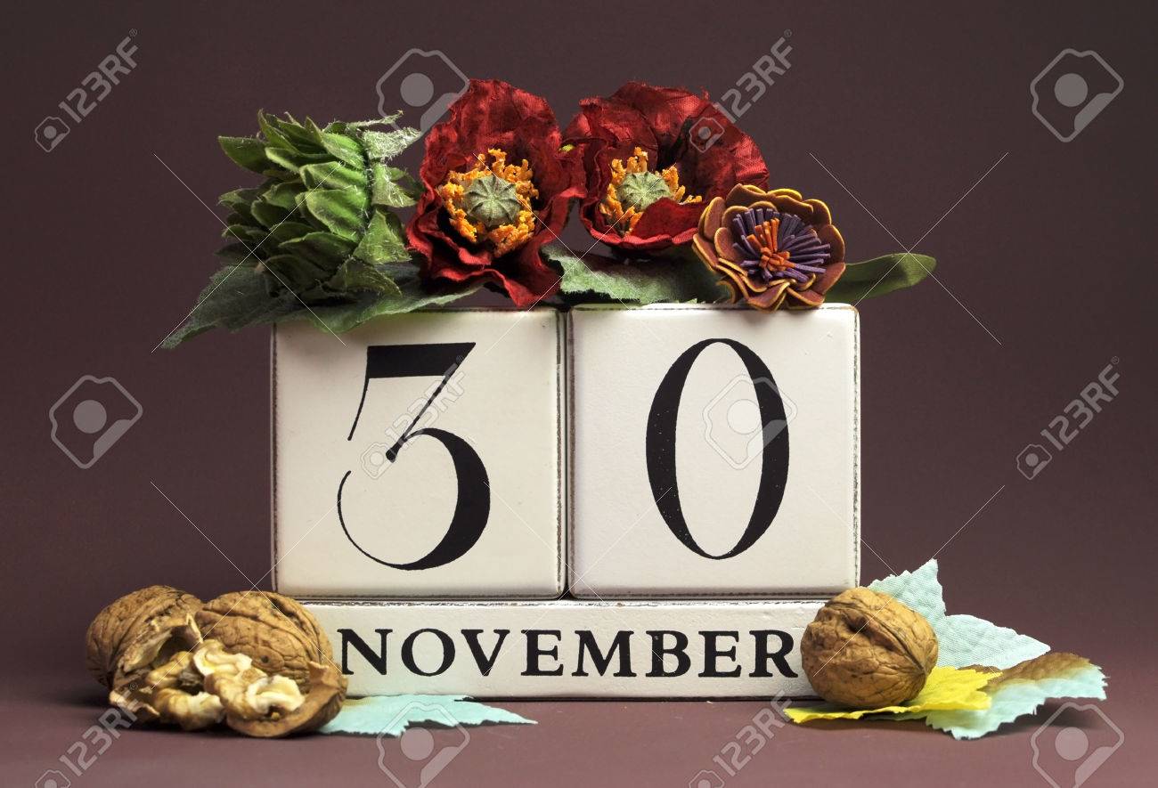 Save The Date Seasonal Individual Calendar For November 30 With Autumn Colors, Fruit And Flowers Fall Theme For Birthdays, Individual Special Occasions, Holidays And Events Stock Photo, Picture and Royalty Free Image.