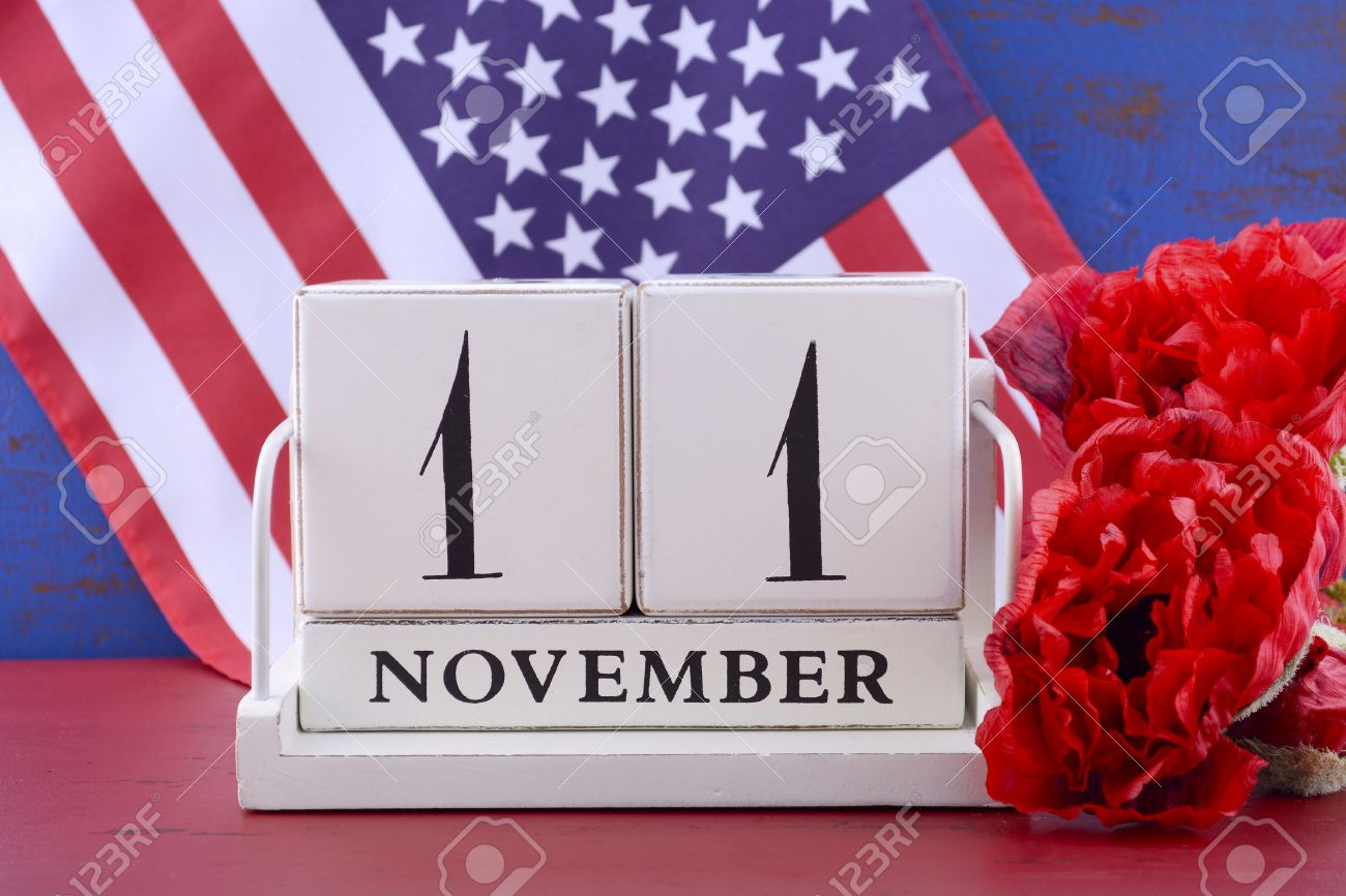 Vintage Calendrier Bloc De Bois De Style Pour Le 11 Novembre Usa Veterans Day Avec Drapeau Américain Et La Flandre Red Poppy Fleurs Pour La Mémoire