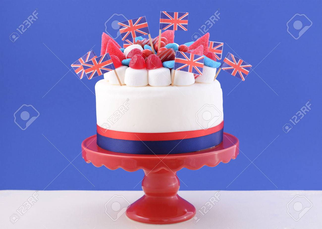 uk celebration cake with flags marshmallow and candy decorations