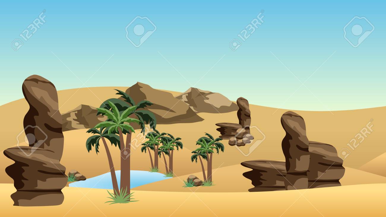 Desert landscape background with oasis. Sand dunes, lake and palms in oasis, rocks. Cartoon or adventure game asset background. Vector illustration - 110472321 Desert landscape background with oasis. Sand dunes, lake and palms in oasis, rocks. Cartoon or adventure game asset background. Vector illustration - 110472321