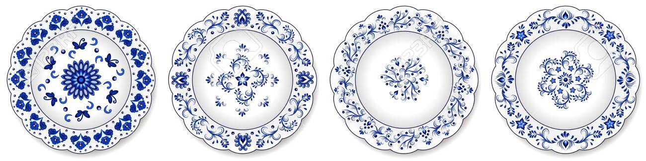 Set Of Blue Porcelain Plates Decorative Ceramic Plates Ornate Royalty Free Cliparts Vectors And Stock Illustration Image 137070717