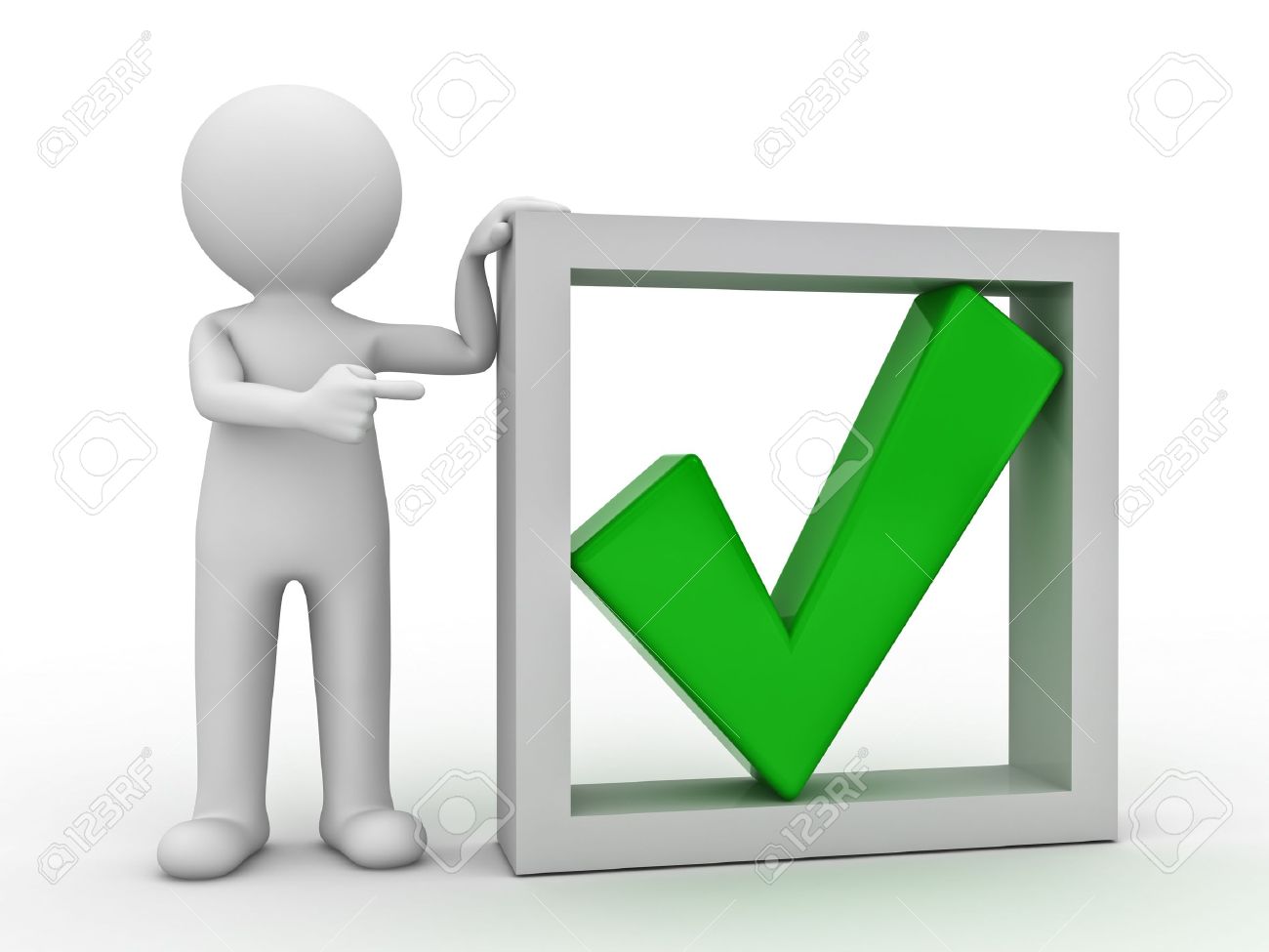 3d man pointing finger at green check mark in box on white background - 14308088 3d man pointing finger at green check mark in box on white background - 14308088