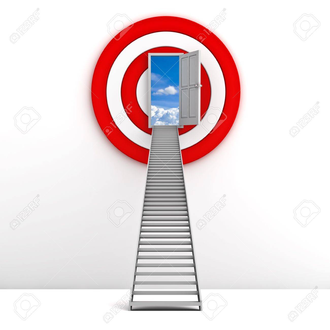 Ladder To The Sky Door With Red Target Behind Over White Background Stock Photo Picture And Royalty Free Image Image