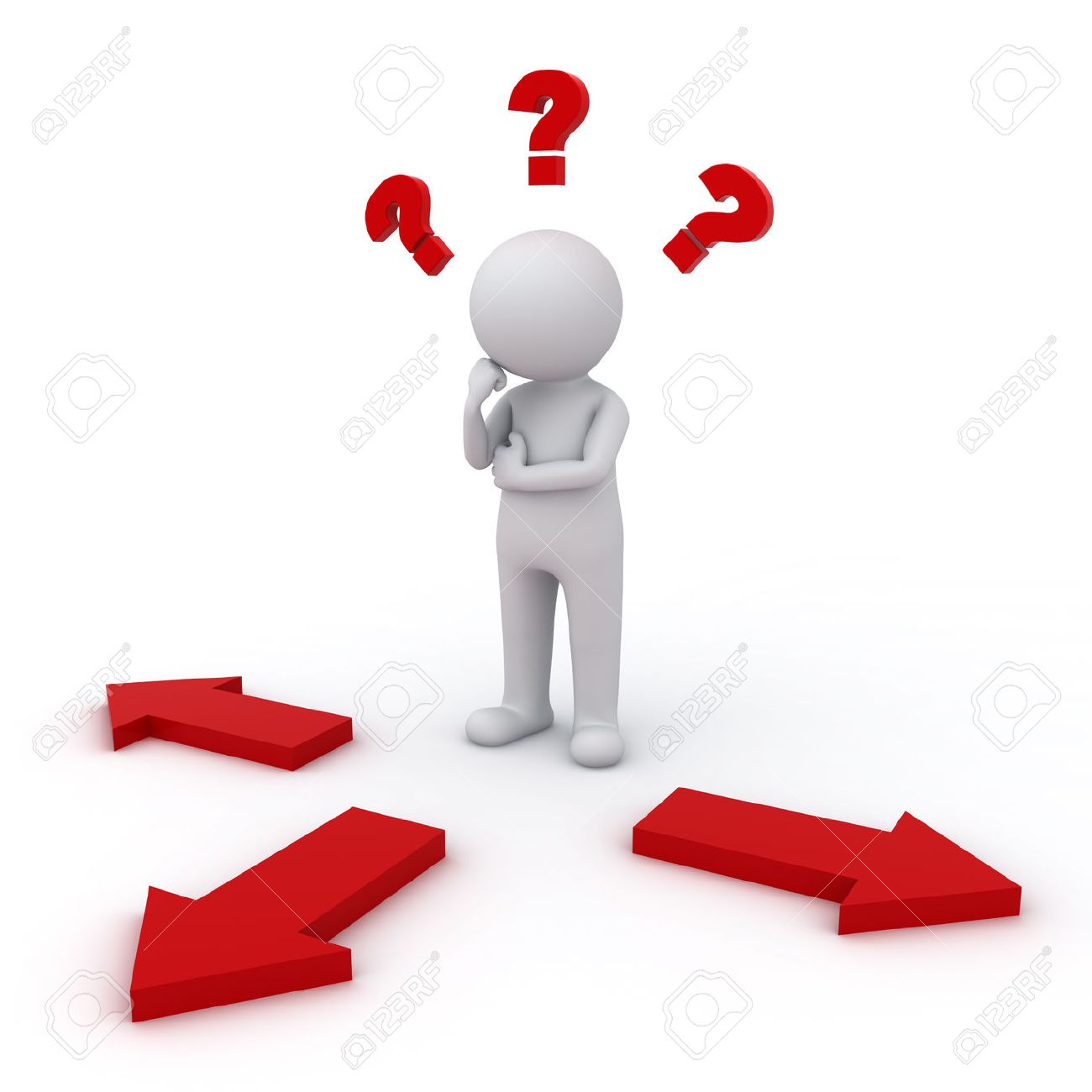 3d man thinking and confusing with three red arrows showing three