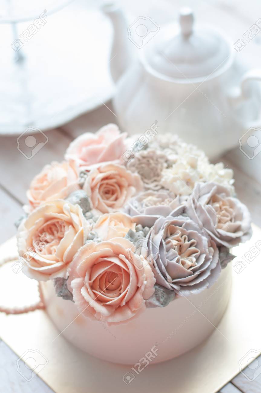 cake with buttercream decoration korean buttercream flower stock