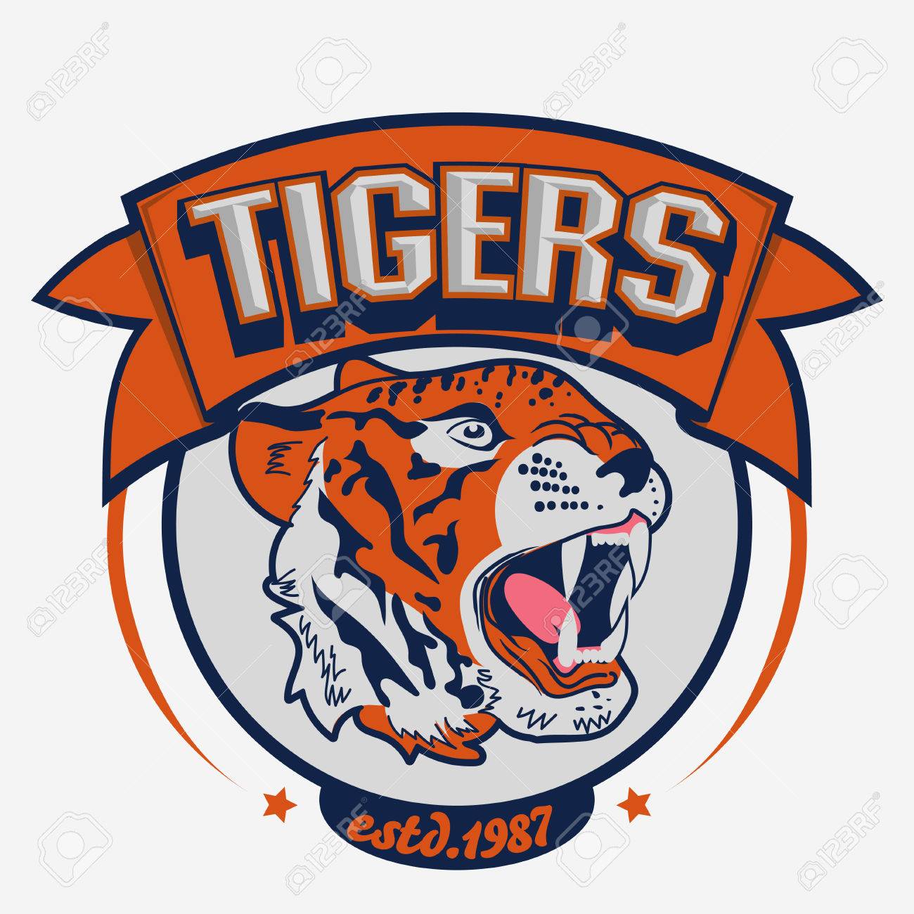 怒っているタイガー スポーツ チーム エンブレム 大きな野生の猫頭 黒猫のかわいい顔 積極的な猫漫画のスタイルでむく歯 T シャツ プリント デザイン のイラスト素材 ベクタ Image