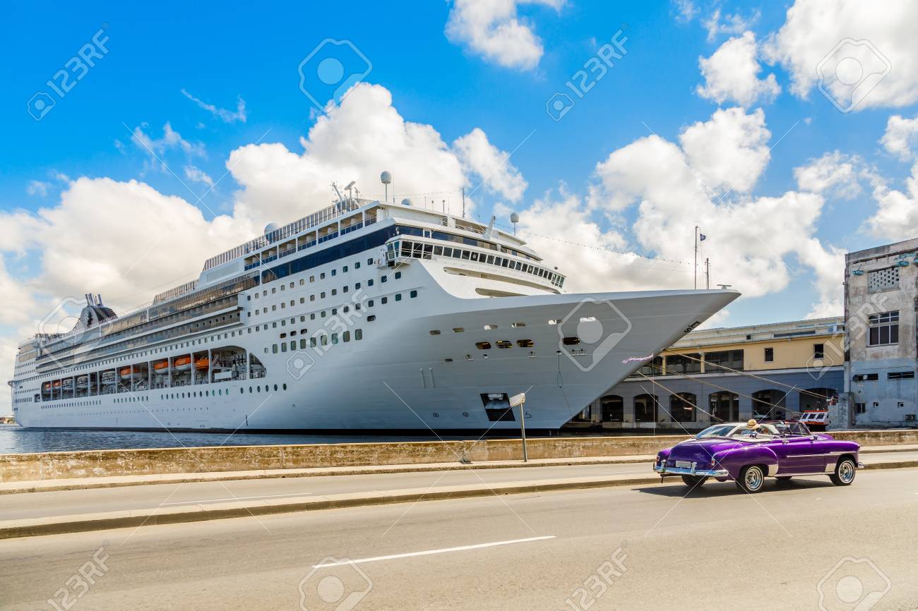 Big Cruise Ship Docked In Port Of Havana And Road With Retro Old Car Cuba Stock Photo Picture And Royalty Free Image Image 94450704