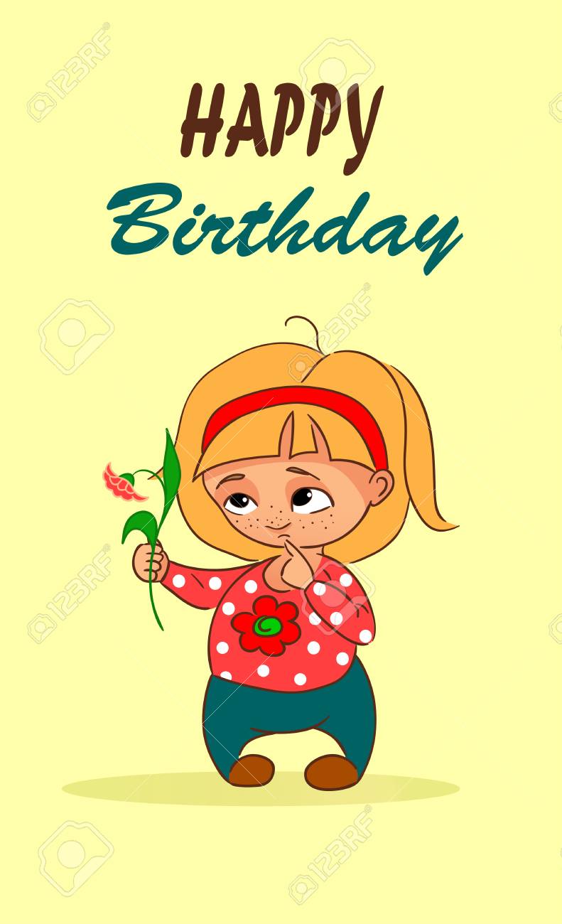 Carte D Anniversaire De Dessin Anime De Vecteur Avec Petite Fille Et Fleur Clip Art Libres De Droits Vecteurs Et Illustration Image