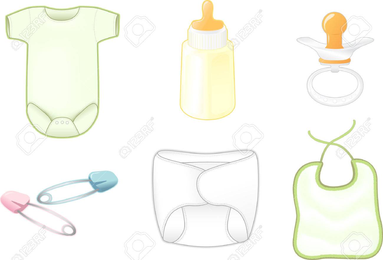 bottle, pacifier, safety pins (pink and blue), diaper, and bib. Each item on independent layer for easy editing and use. - 4593132 bottle, pacifier, safety pins (pink and blue), diaper, and bib. Each item on independent layer for easy editing and use. - 4593132