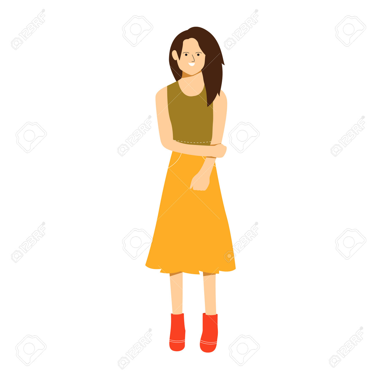Young Woman Stands In A Shy Pose Wearing Sleeveless Shirt With Beautiful  Long Hair. Flat Vector Design Character Illustration With White Background.  Royalty Free SVG, Cliparts, Vectors, and Stock Illustration. Image  164467386.