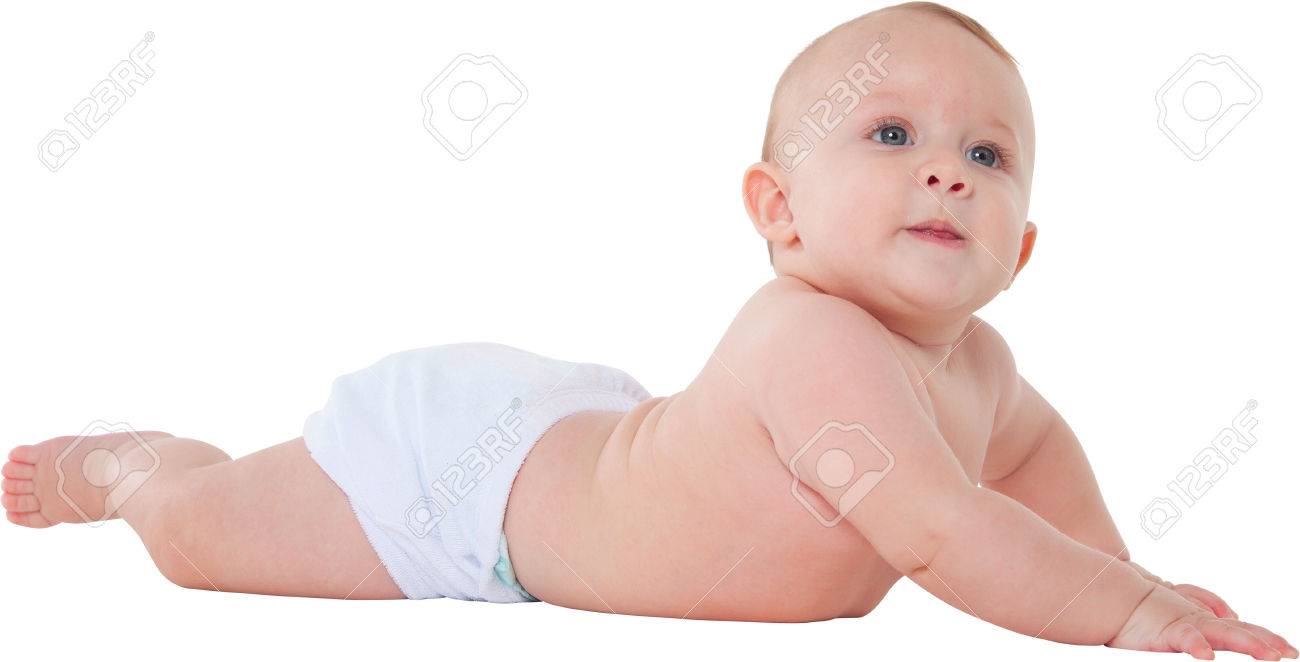 Une Photo De Bebe Mignon Garcon Regardant Vue Loin Cote De Bebe Est Couche Sur Le Ventre Il Porte Couche Isole Sur Fond Blanc Banque D Images Et Photos Libres De Droits Image