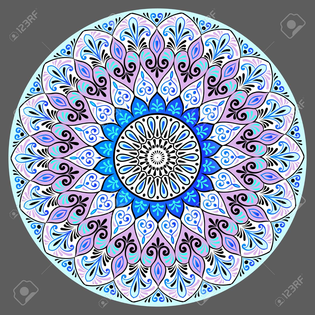 灰色の背景に黒 白 紫 青の色の花曼荼羅の図面 手描きトライバル ベクトル ストック イラスト のイラスト素材 ベクタ Image 1270